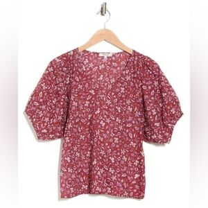 Madewell V neck Puff‎ Sleeve Top In Floral Batik Vine Weathered Brick Size S